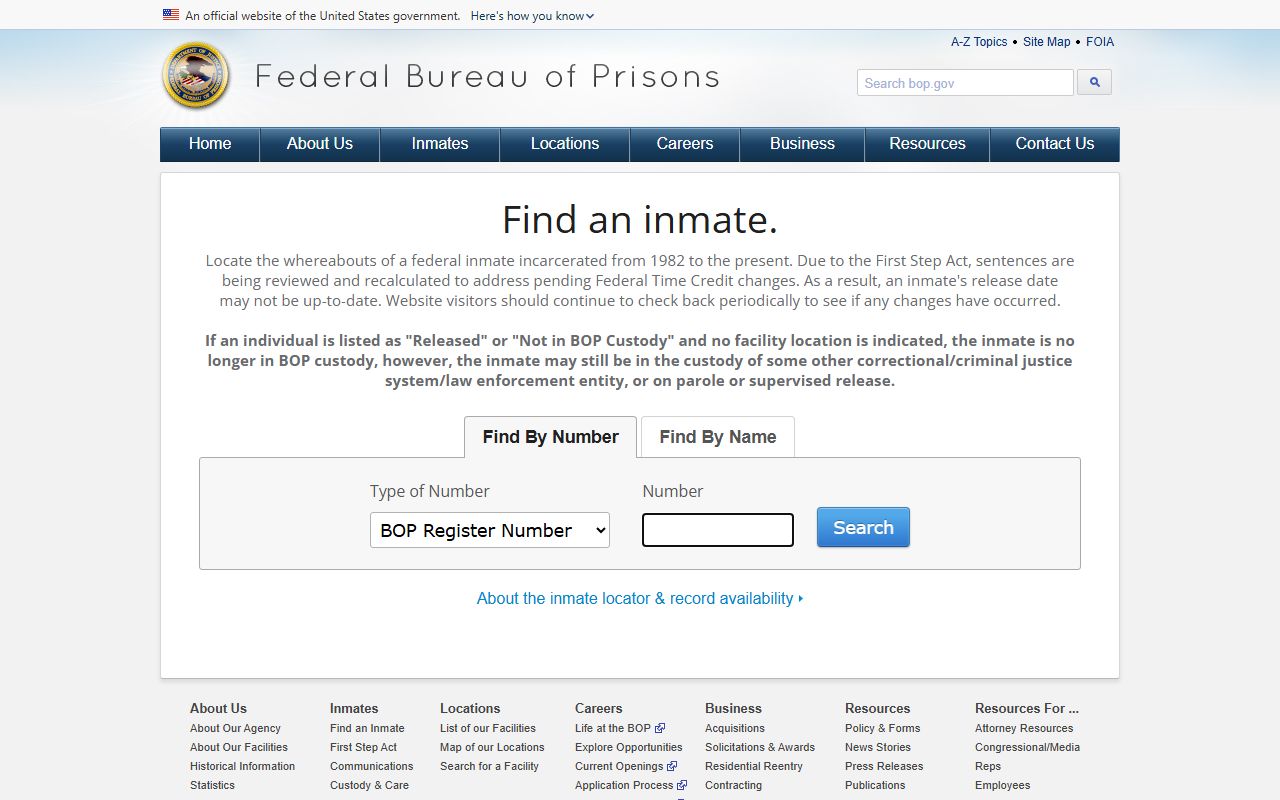 Federal BOP Inmate Locator showing fields without public booking photos, unlike a county jail mugshot