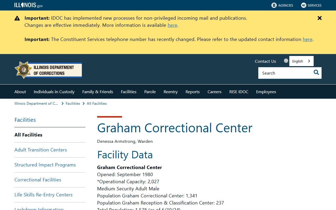 IDOC Graham Correctional Center page showing capacity, population, and programs for the Montgomery County state prison