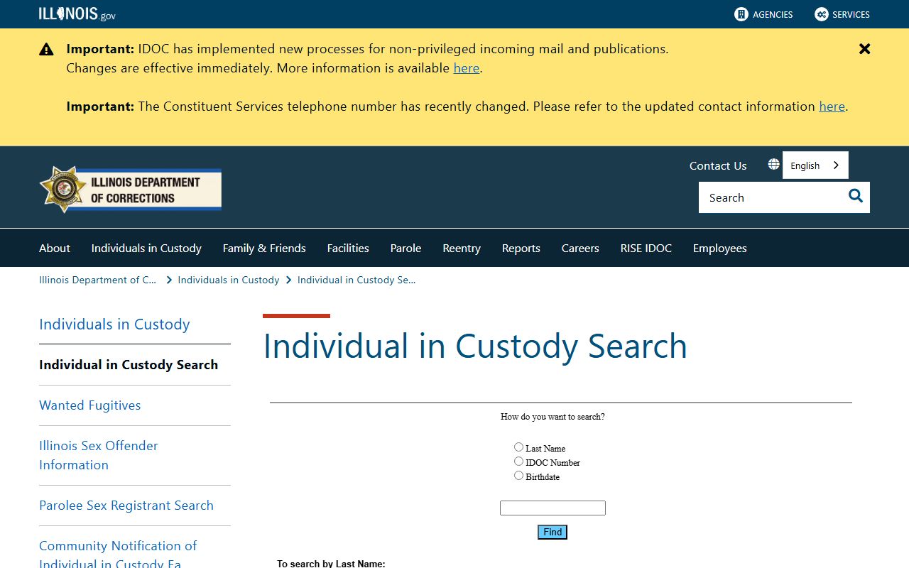 IDOC Individual in Custody Search used to look up the sentenced Montgomery County inmate population
