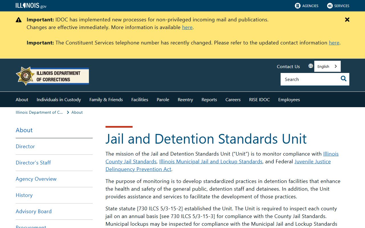 IDOC Jail and Detention Standards page describing county jail inspections and Montgomery County inmate population reporting