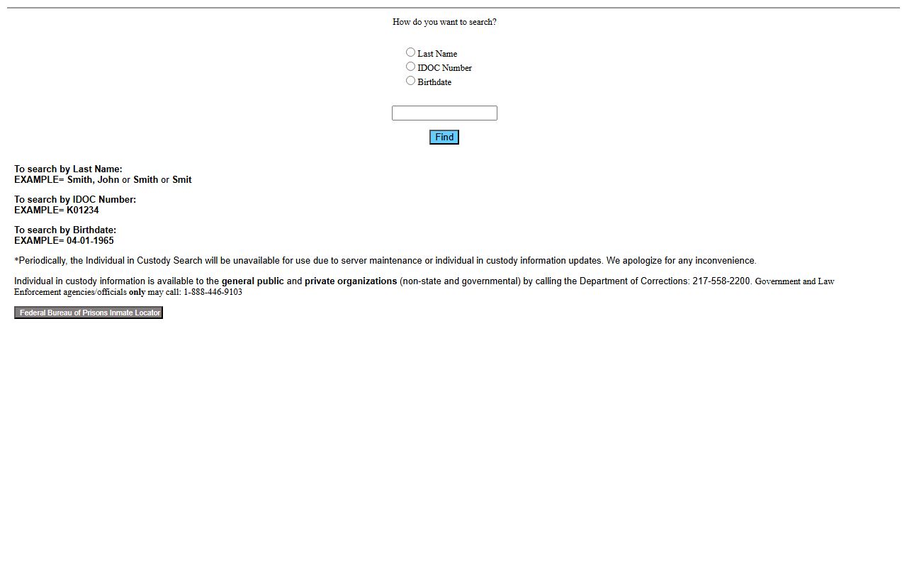 IDOC legacy search form fields used to look up sentenced Montgomery County inmates