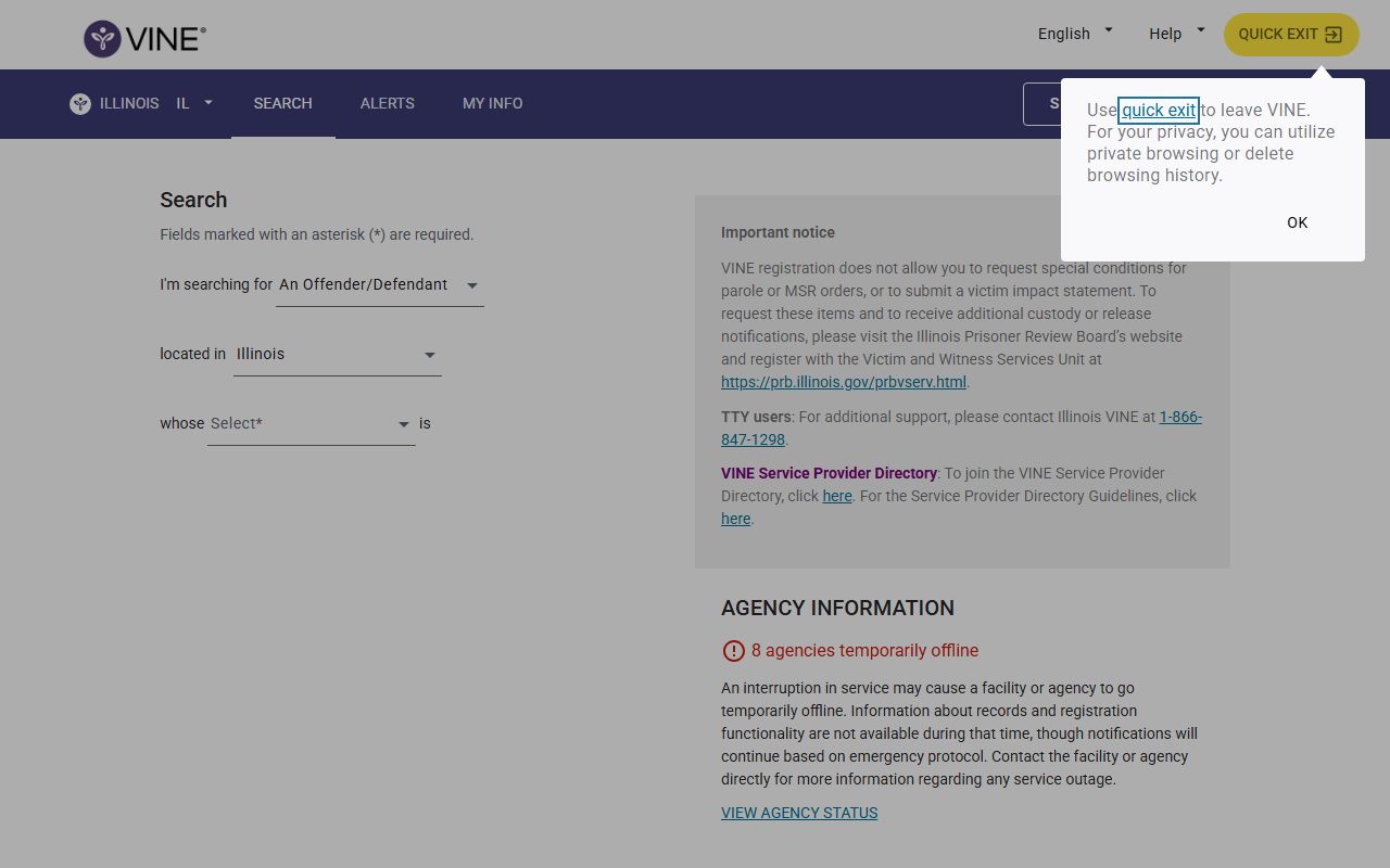 VINELink Illinois person search used for Montgomery County inmate custody notifications