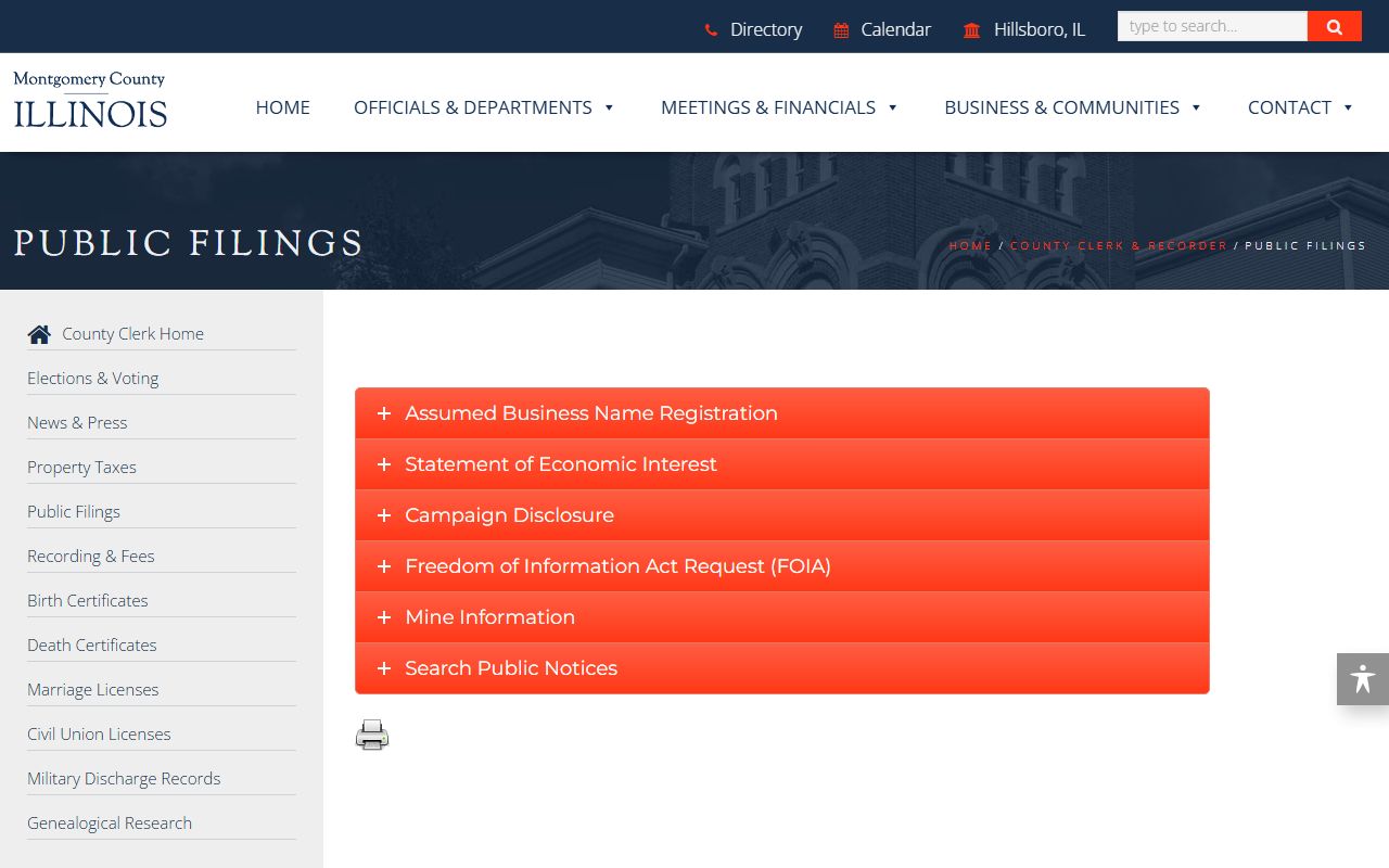 Montgomery County public-filings page showing the FOIA route for jail inmate records requests