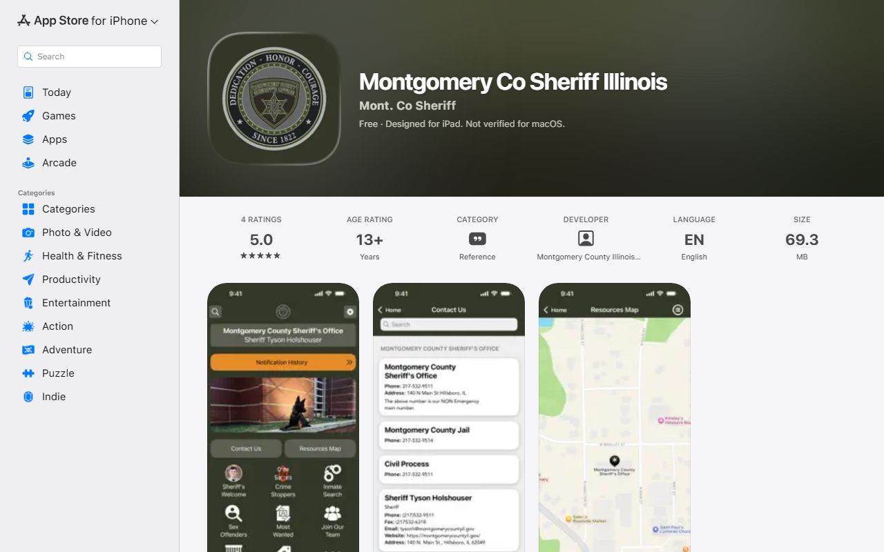 Apple listing for the Montgomery County Sheriff app, which supports tips and news rather than a jail roster